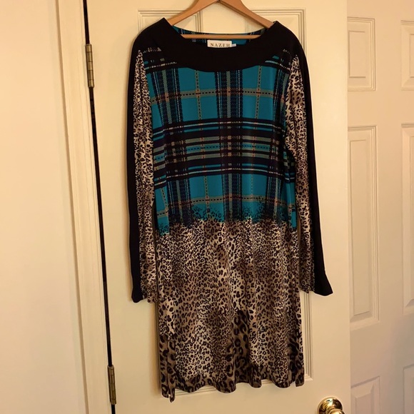 Nazeh Fashion Plaid & Leopard Print Long Sleeve Dress - Picture 1 of 8